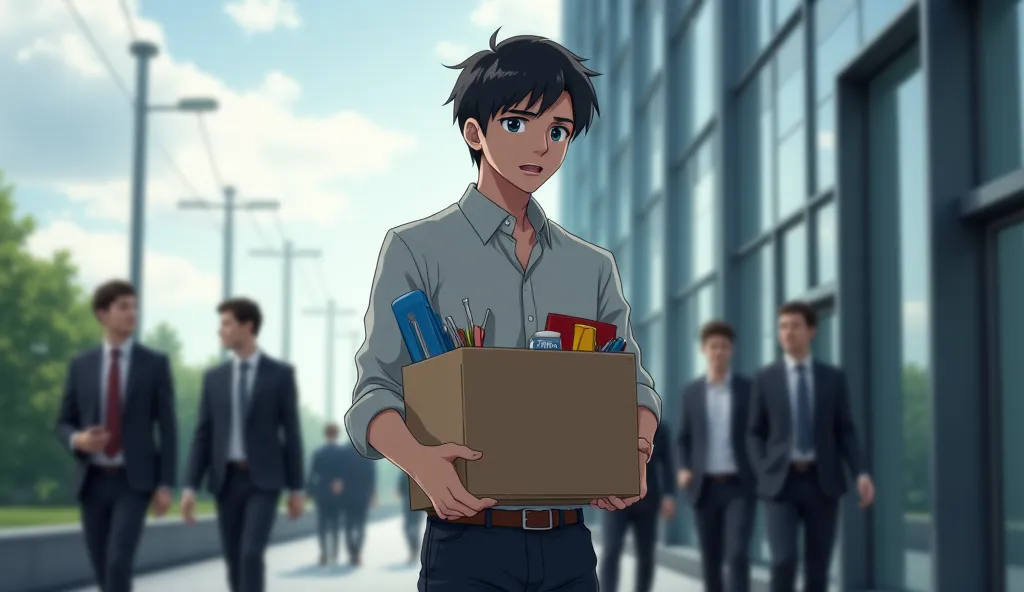 A young man, around 20 years old, stands outside a modern office building, holding a small cardboard box filled with office supplies. His expression is a mix of shock and sadness, his eyes slightly downcast. His posture is slightly slouched, reflecting the...