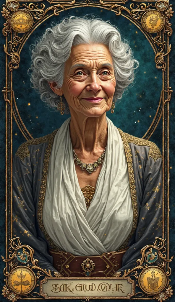 A tarot card HD a Amircan women 80 years old woman with. and jurli and taj.a dress color  white and dark.  