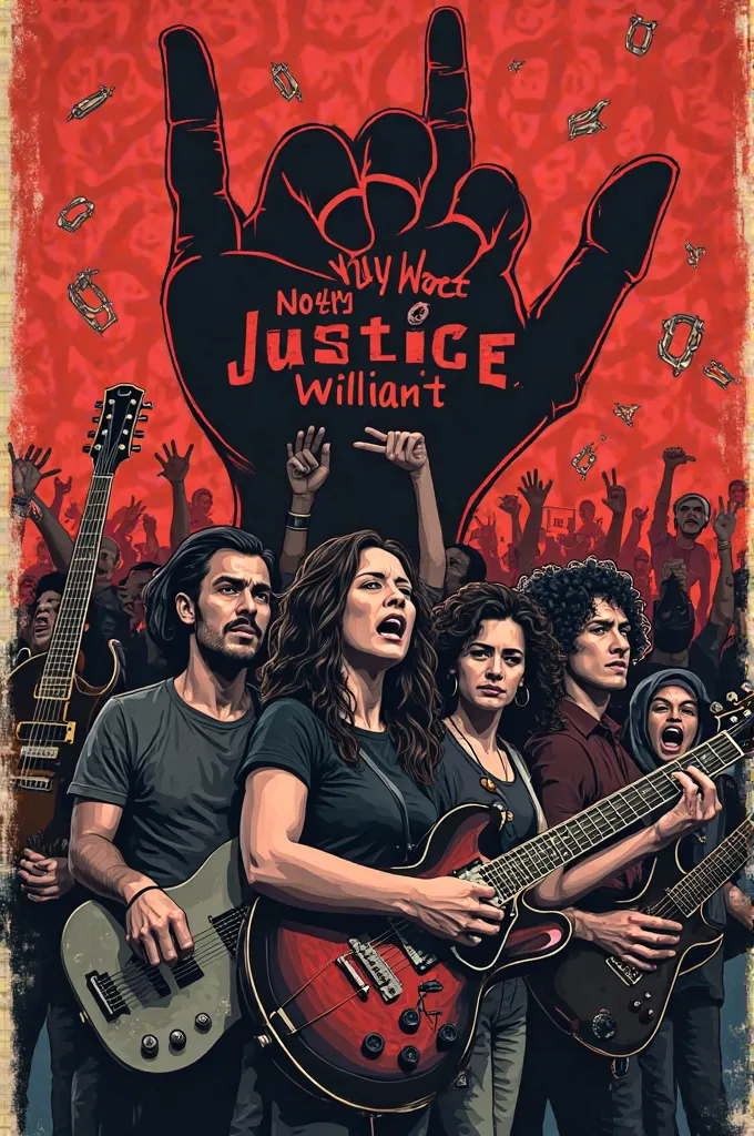 "Design a poster, where music students are protesting against rape. Create a scene in the poster where students are protesting using their musical instruments (eg, guitar, drums, piano). Write a strong and bold message on the poster, such as 'Music Departm...