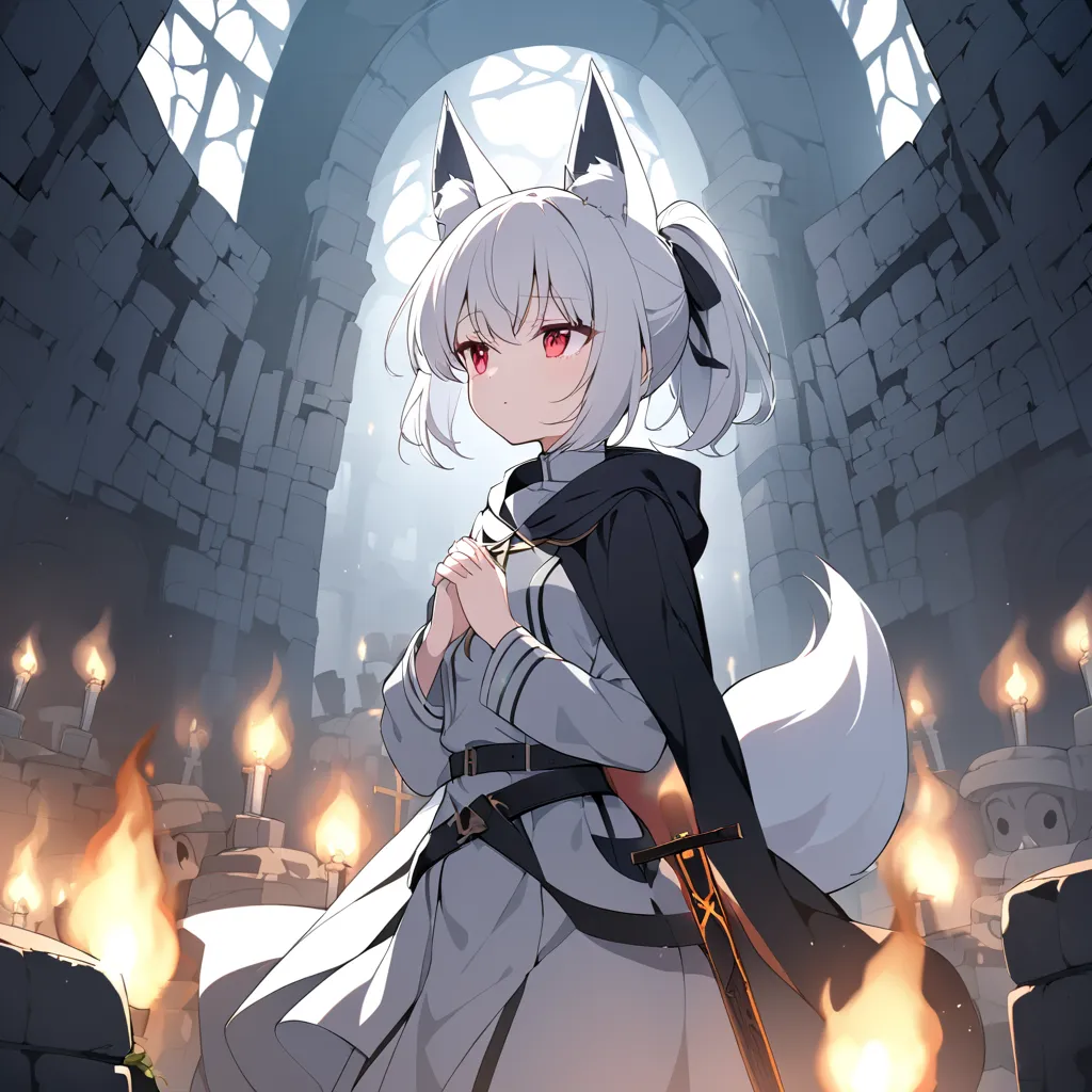 underground. catacombs, graveyard, torches, 1woman, medium breast, white hair, short hair, delicate hair, ponytail, fox ears, fox tail, scarlet eyes, cassock, omulet cross, hooded cloak, belt sword, praying, black clothes