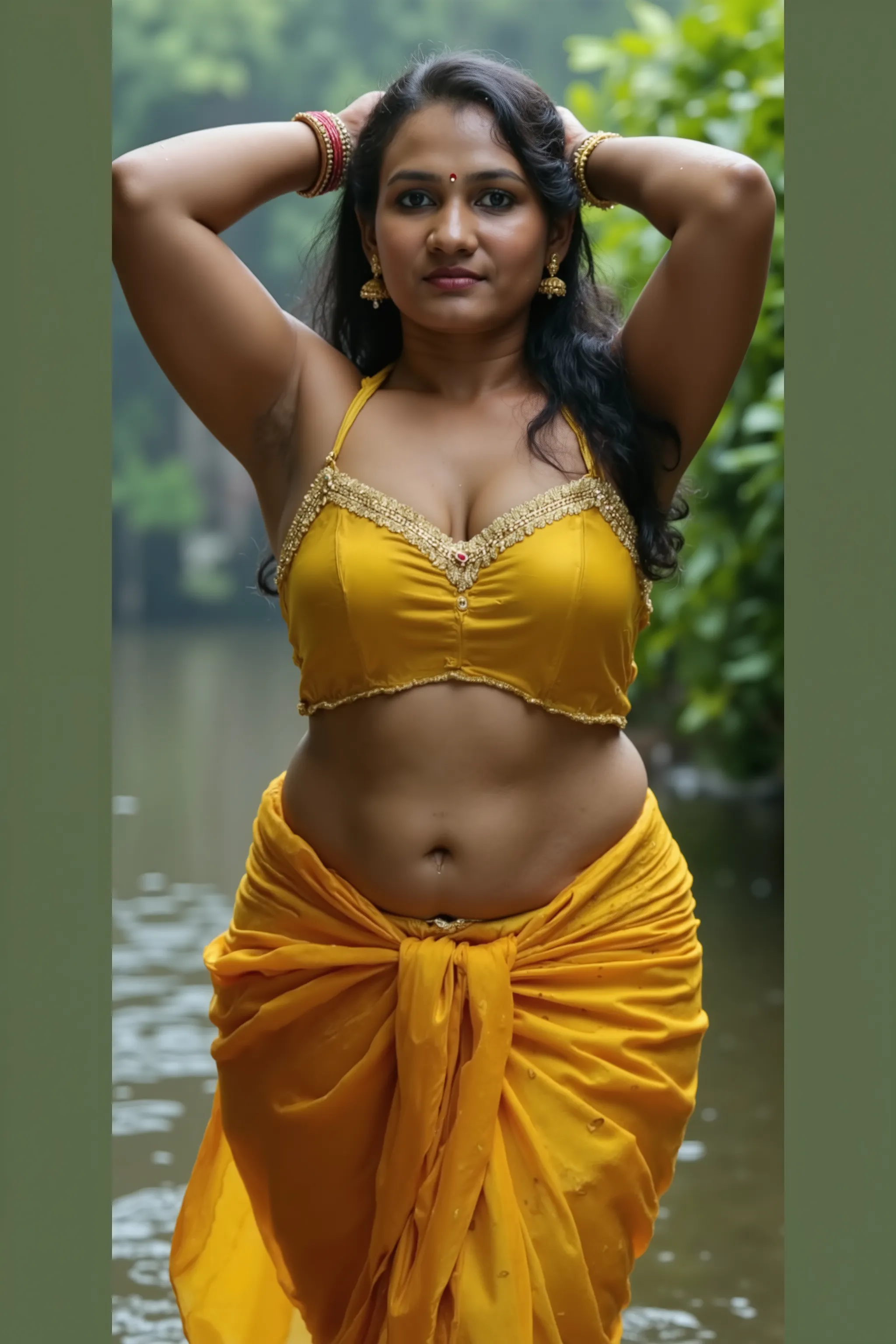 Looking at the viewer with sexy look, front view,Indian sexy bhabhi, wearing yellow glossy saree,tight yellow sleevless strapless bra, dancing outside in rain,dripped wet in rain, half drape saree,both hands on head showing dark hairy armpits,detailed wet ...