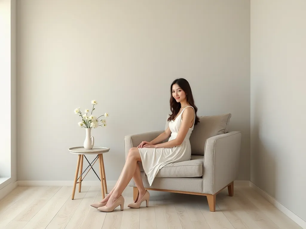 A beautiful woman wearing a dress and nice shoes is sitting on a sofa in an empty room. In front of her is a short sofa table with a flower on top. The sofa is not big, it is one-seater sofa, and it is close to the corner of the wall.
The chair turned slig...