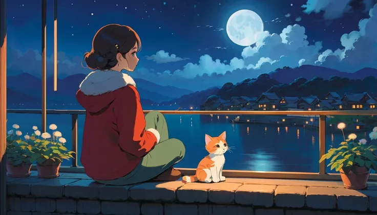 The style of Ghibli animation，The night sky appears deep and calm，The clouds are very thick，moonlight shines through a gap in the clouds， looked soft and warm 。a girl，Sitting by the window，There is a cute kitten next to it，His eyes gaze into the distance，T...