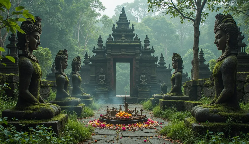 
An ancient temple in the middle of the Alas Purwo forest, with old moss-covered statues. A feast with flowers and incense placed in front of it, while a thin mist hovers in the air, emphasizes the sacred and mystical atmosphere of the place.
