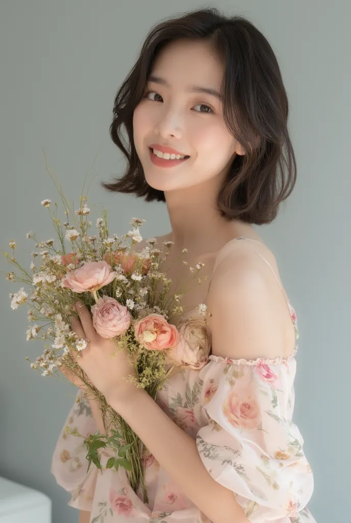 A photo of a model with Korean makeup in a lookbook. The model is wearing a silky floral dress and holding a bouquet of flowers. The background is a minimalistic light gray room. The lighting is natural and happy.