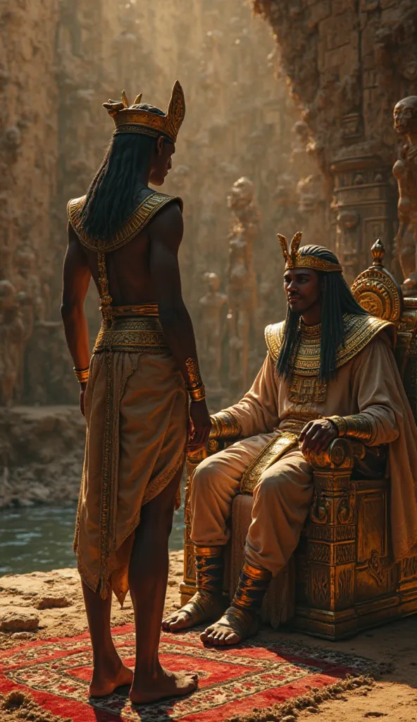 "Horus became the king of the gods, while Osiris ruled the underworld, ensuring the continuity of life in Egypt." Horus, now crowned and adorned in golden regalia, standing beside Osiris, who sits on a throne in the underworld surrounded by shadows and the...