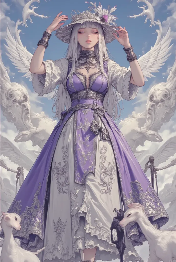 American comic style, illustration, beautiful lady, (Gothic & Lolita), Gothic & Lolita fashion, dress, flower hat, daughter, Angel, God, cloud, with walking stick, (classic dress), Raise your hands to the sky, Strong shadow, cute, flowers, Antique, Europea...