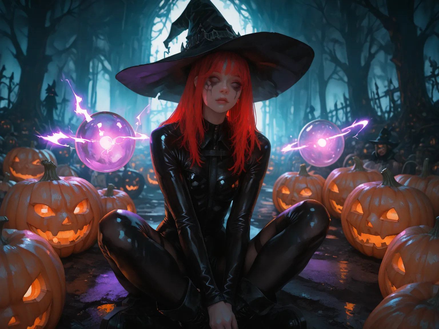 masterpiece, best quality, amazing quality, female witch (ethnicity:1.2), (age:1.1),  seated atop a dark structure, (detailed clothing:1.2), (accessories:1.1), (black witch's hat:1.2), (black leather bodysuit:1.2), (black stockings:1.2), (black boots:1.2) ...