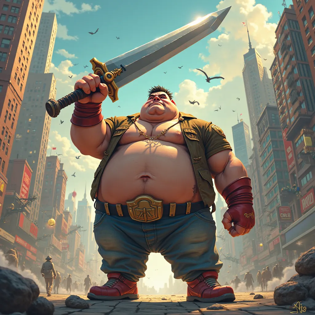 a very fat superhero with very small hands and arms and a sword bigger than him