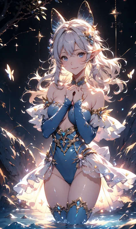 Top Quality　 mystical 、dynamic、 Fantastic Scenery ！ Bold Composition (cowboy shot) Japanese Anime Character Design　ERO 1 WOMAN ELF EARS　sexy smile！smile!  gentle gaze ,  beautiful eyes 、、 Chest 130 Beautiful Constriction 、waist lineセクシー strongest 、 Beautif...