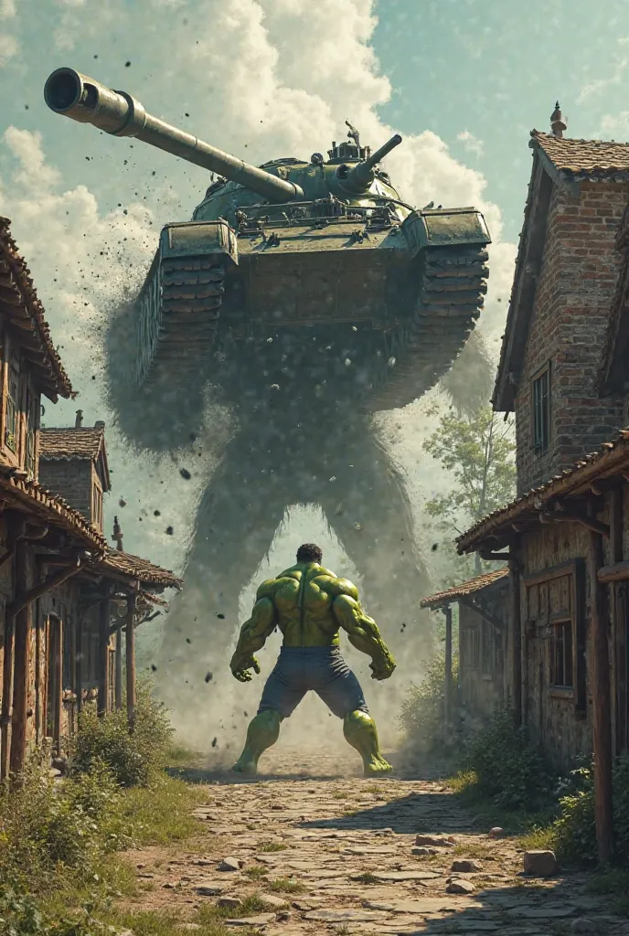 Hulk throws a tank at Venom in Vorzel Village 