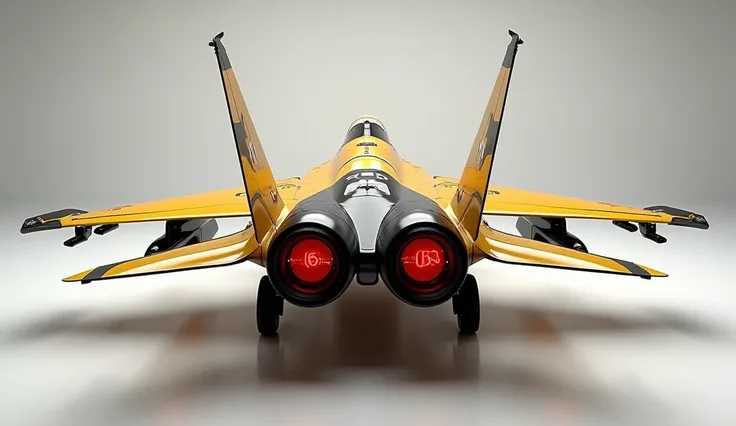 create an ultra-detailed 3D render back view  of a modern 2025 F-15 EXEagle fighter jet with a bold designy looking long like limousine captured from back view The fighter jet should feature a 'Gleamy oily 'Yellow color and black accents with a 'F-15 logo ...