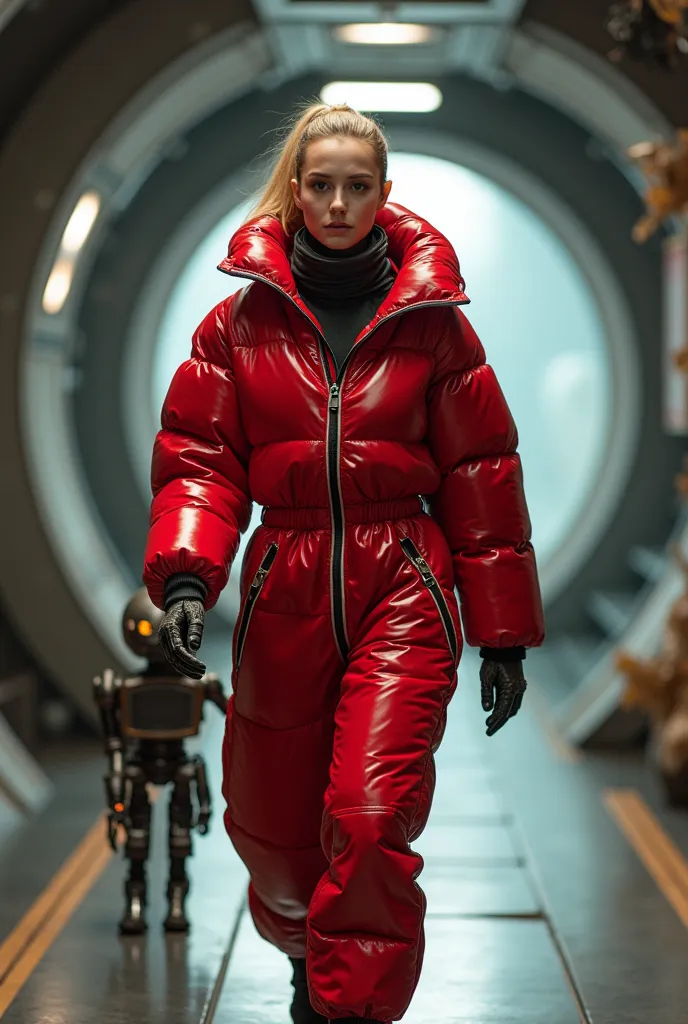 a naked blond 18-year-old woman with a ponytail and a friendly face, who only wears a tight-fitting, wears shiny red puffer jumpsuit, on an abandoned space station in the orbit of a dead planet, that walks through a corridor accompanied by a robot, Where t...