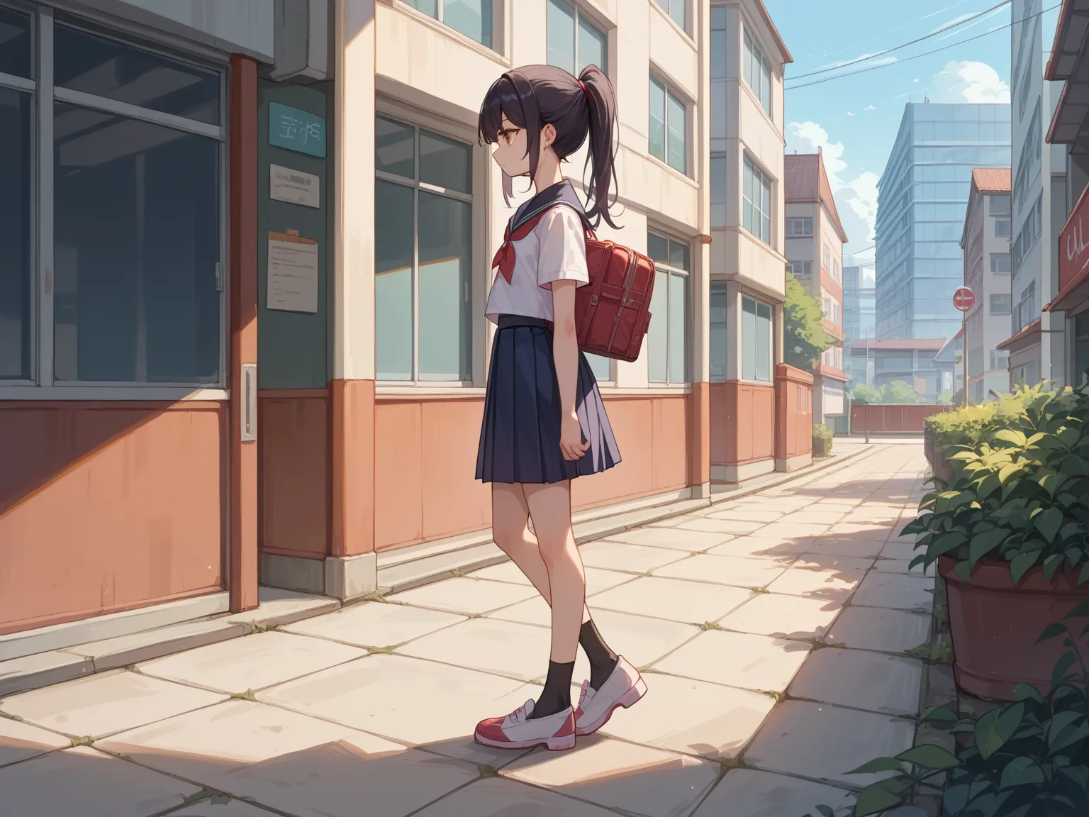 score_9, score_8_up , score_7_up ,source_anime、1 girl、loli、black ponytail、 slim、 school uniform、School building、standing、full body、expressionless、side view