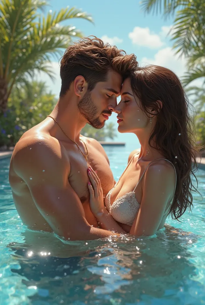 Sexy young man in a swimsuit with brown hair and blue eyes bathing in a pool with a beautiful young girl in a swimsuit with long brown hair