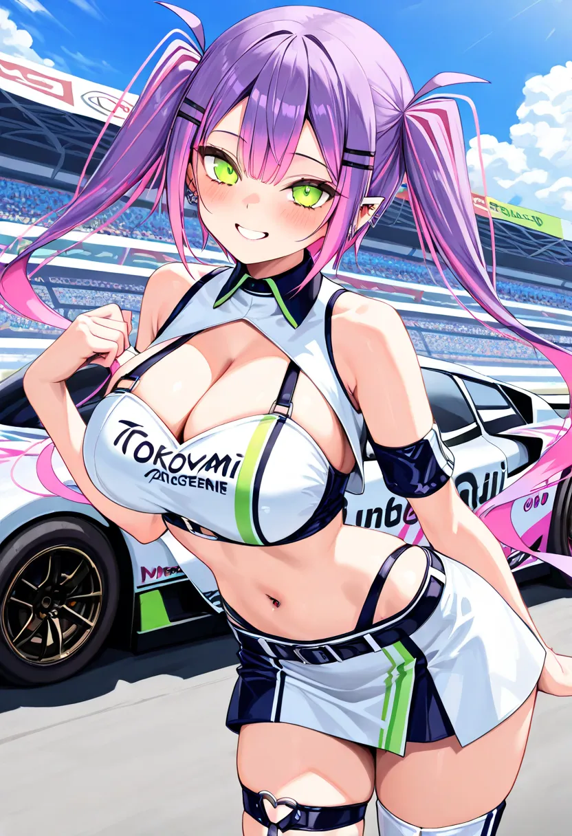 (Top Quality , 8k , masterpiece , incredibly absurdres , perfect body , super detailed skin , highly detailed eyes and face , 1 woman ) , tokoyami towa , purple Hair , Green eyes , smile ,  will be happy , ( Race Queen Costume , race circuit : 1.2 ) , ( hu...