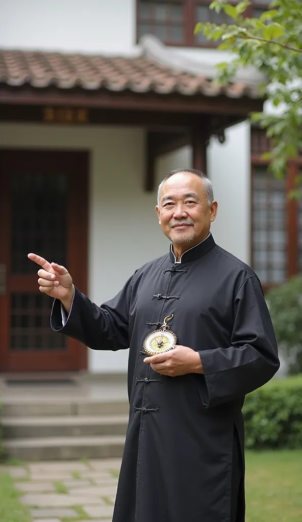 A feng shui master standing outdoors, holding a traditional feng shui compass (luopan) while checking the house’s direction. He is dressed in traditional or professional attire, with a focused expression, pointing towards the house. The background clearly ...