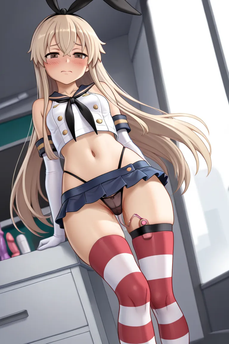 (best quality), ((masterpiece)), (detailed), perfect face, 8k, Anime style,  1girl , NSFW, shimakaze_(office), vagina and analdildo insertion, (dildo-vibrator_under_panties), brown eyes, blonde hair, long hair,  hairband , black ribbon, sleeveless shirt, c...