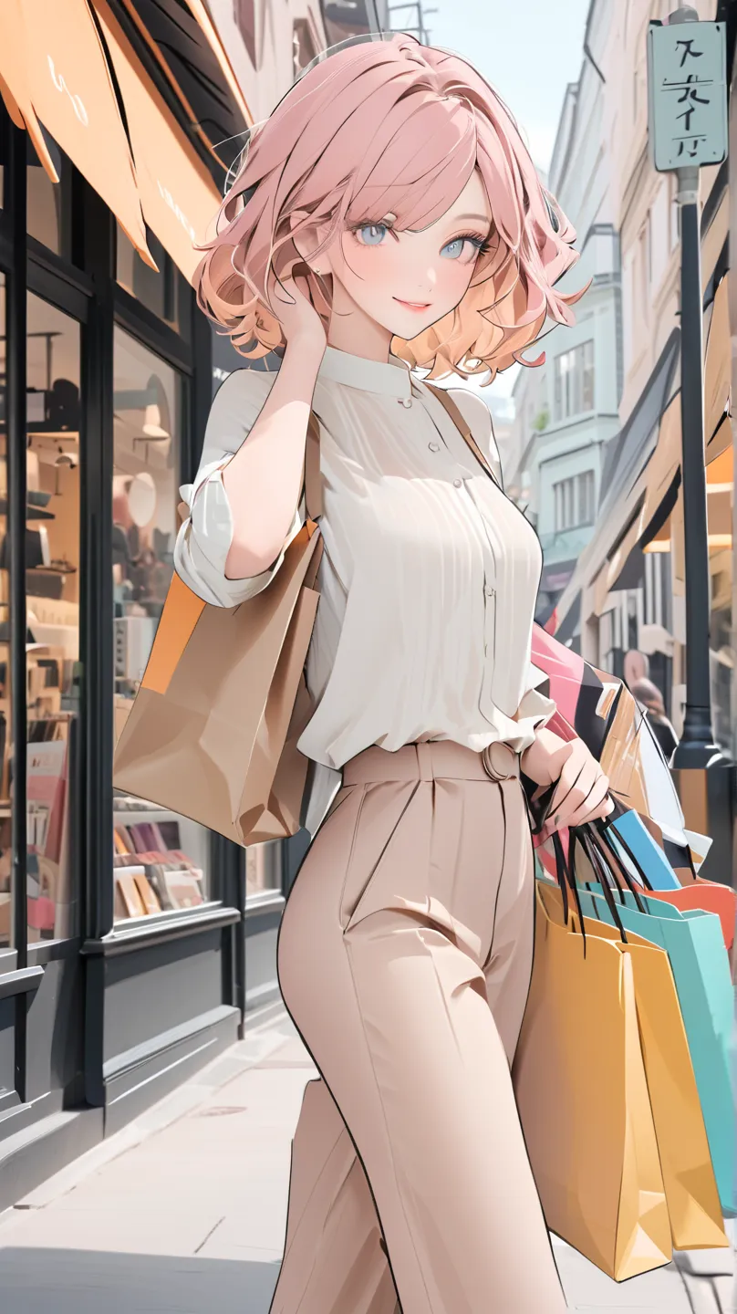 Now walking confidently down a city street, she wears a cute yet casual outfit—a fitted blouse, stylish high-waisted pants, and ankle boots. Her hair is styled in soft waves, and she wears subtle makeup. She carries a shopping bag from a designer store, sm...