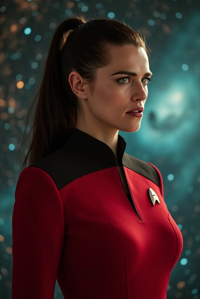 (ketty mcgrath) of extraterrestrial beauty, green-eyed dark-haired girl, commander of the Argus Starship of the Galactic Red Fleet, Cora Corvus, against the background of a stellar nebula, in a bossy pose, In an impeccably tailored Starfleet: The shape of ...