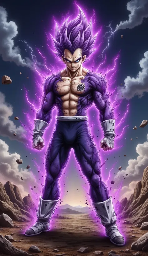 "A powerful Saiyan warrior stands in a dominant and imposing stance on a devastated, rocky battlefield under a dark, stormy sky filled with swirling clouds and crackling lightning. His muscular physique is accentuated by battle-worn Saiyan armor, with a to...