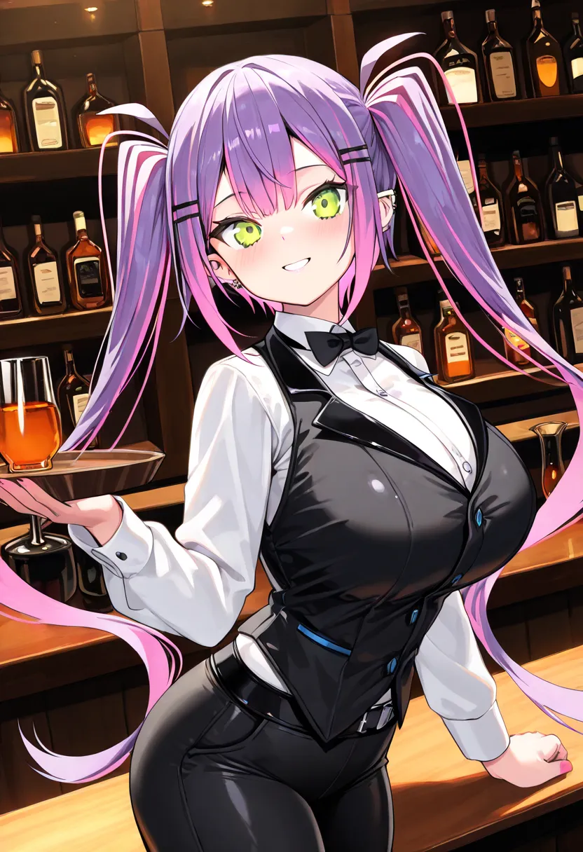 (Top Quality , 8k , masterpiece , incredibly absurdres , perfect body , super detailed skin , highly detailed eyes and face , 1 woman ) , tokoyami towa , purple Hair , Green eyes , smile ,  will be happy , (  Bartender Costume  , white shirt , Black vest ,...