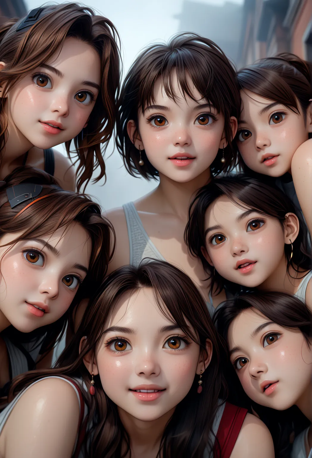 score_9, score_8_up, score_7_up. Epic realistic, RAW, analog, A full body picture of cute identical quintuplets, four girl one boy, natural look, no make up, masterpiece that captures the essence and beauty of the girls and boy, ((highly detailed skin, fac...