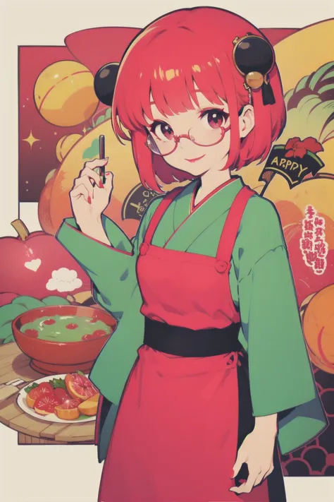 4K, glasses, risograph,  scrapes up the hair, happy, red lipstick， kimono，Hakama， ruffle apron 