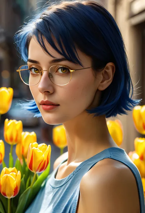 score_9, score_8_up, score_7_up, score_6_up, realistic, mz, glasses, ahoge, short hair, blue hair, detailed portrait of a young girl with striking yellow eyes, 8K Ultra HD with cinematic lighting, ray tracing, smooth skin, subtle blemishes. The soft reflec...