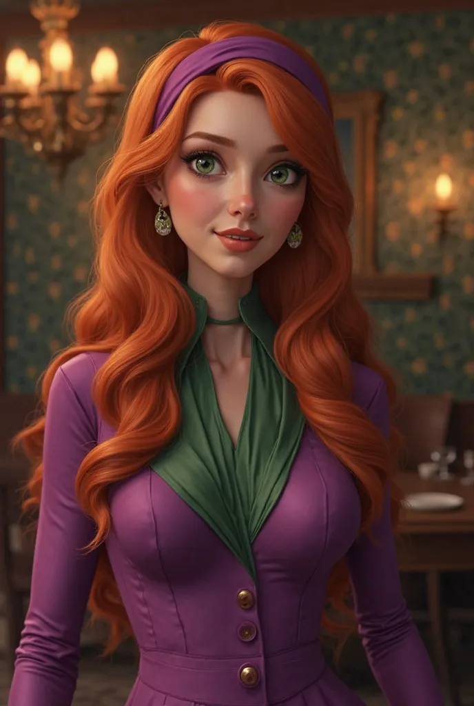 A hyper-realistic, cinematic portrait of Daphne Blake from Scooby-Doo, depicted as a real human. A glamorous young woman with long, flowing red hair, large green eyes, and delicate features. She wears a stylish purple dress, a green scarf, and a purple hea...