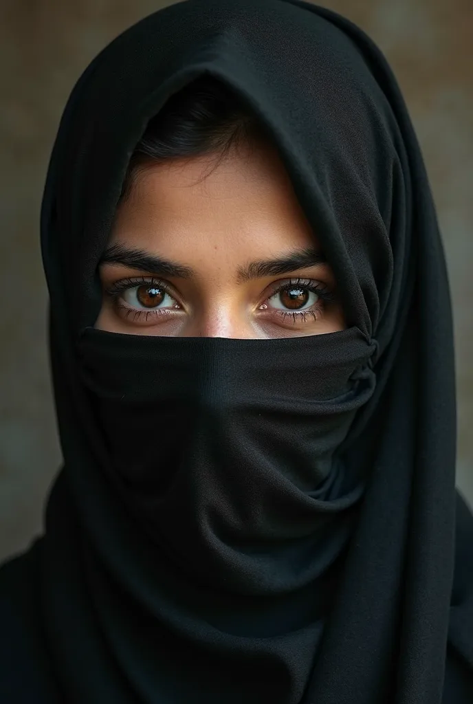 Create A Bangladeshi Beautiful Hijabi girl photo wearing black clothes and only eyes can see. Realistic like Real Life