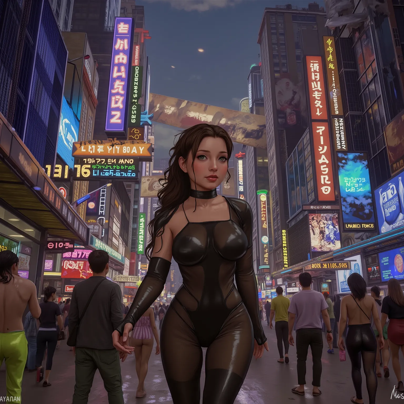 A sexy woman in a sexy black outfit with neon high lights, she is walking on a crowded street in a (cyberpunk|tron) city, pedestrians have blue, green , or yellow neon highlights 