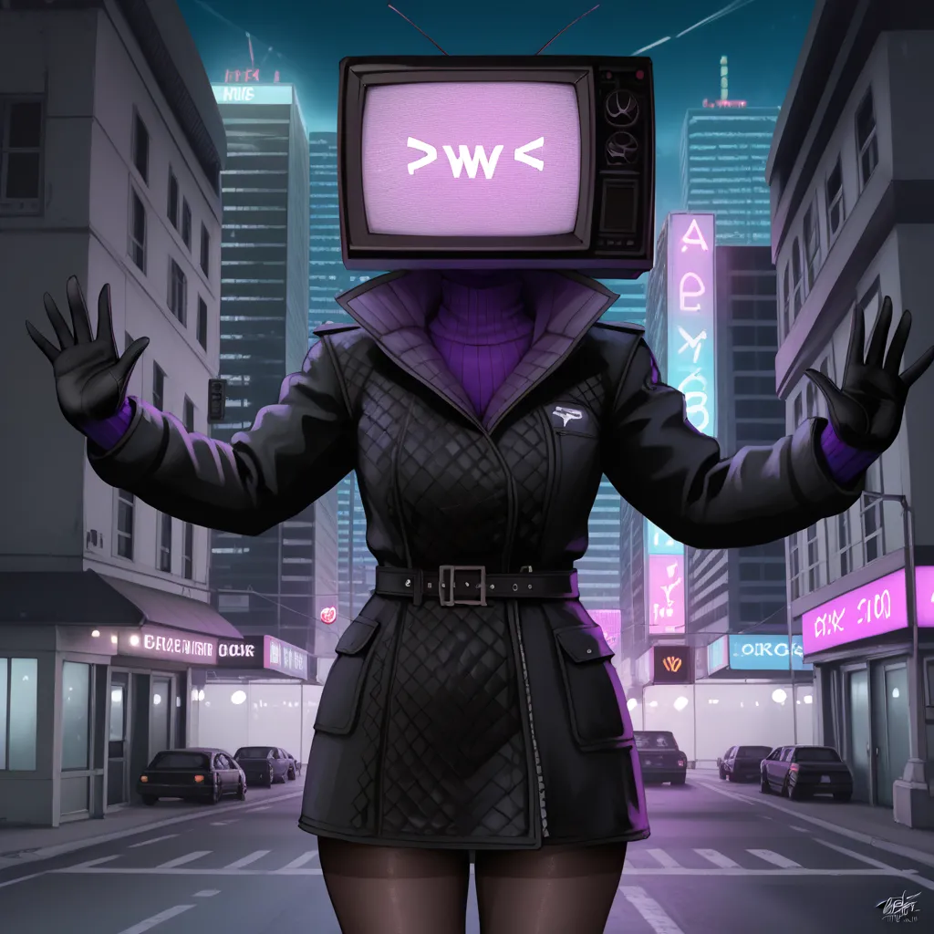 score_9, realistic, detailed, city, solo, tvwoman, robot girl, tv head, black coat over purple turtle neck, black pantyhose, spread arms, 8k, masterpiece, ultra-detailed, photorealistic, hdr, studio lighting, extreme detail, professional, vivid colors, bok...