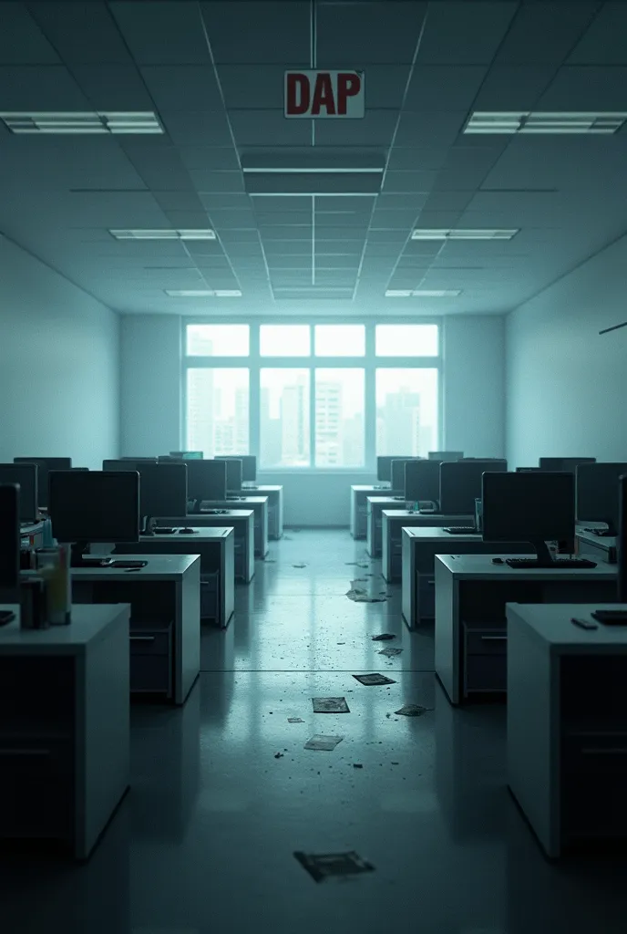 A dull office with managers out of work . 2 rows of workstations with 3 desks. office light white walls 