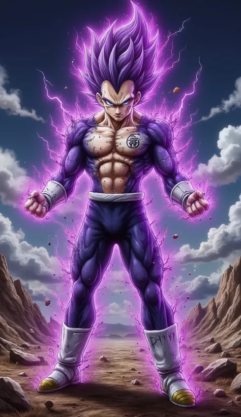 "A powerful Saiyan warrior stands in a dominant and imposing stance on a devastated, rocky battlefield under a dark, stormy sky filled with swirling clouds and crackling lightning. His muscular physique is accentuated by battle-worn Saiyan armor, with a to...