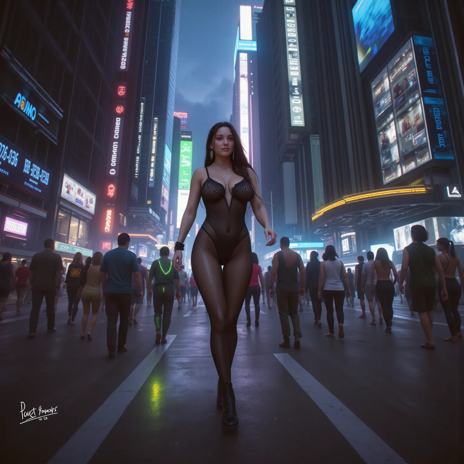 A sexy woman in a sexy black outfit with neon high lights, she is walking on a crowded street in a (cyberpunk|tron) city, pedestrians have blue, green , or yellow neon highlights 