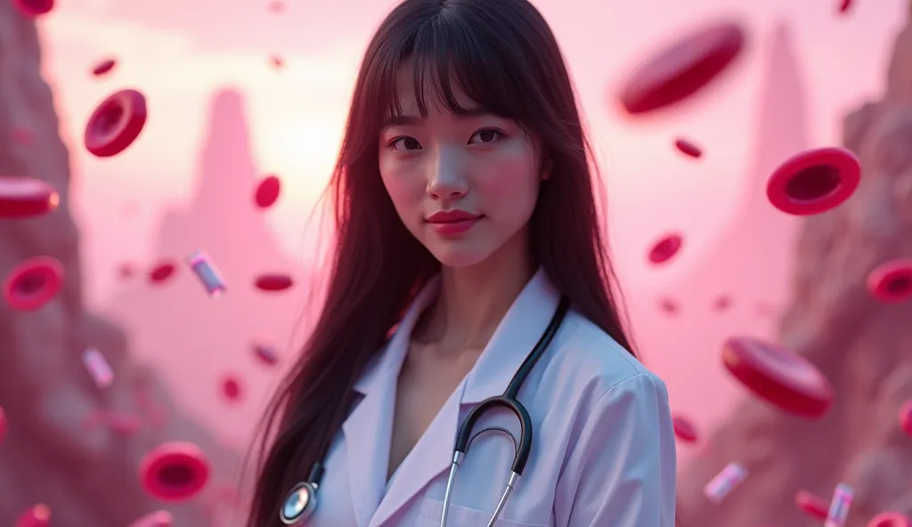 A stunning 20-year-old black-haired woman stands confidently, gazing directly into the camera with a calm and professional expression. She wears a crisp, well-fitted white medical coat, fully buttoned, with a stethoscope draped around her neck, emphasizing...