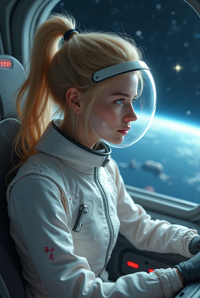 A blonde 18-year-old woman with a ponytail in a translucent pastel jumpsuit strapped on a spaceship pilot's seat, 