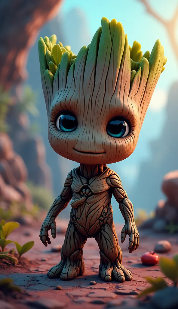 Adorable Black and reddish-blue baby Groot in a visual mood with bright blue eyes 