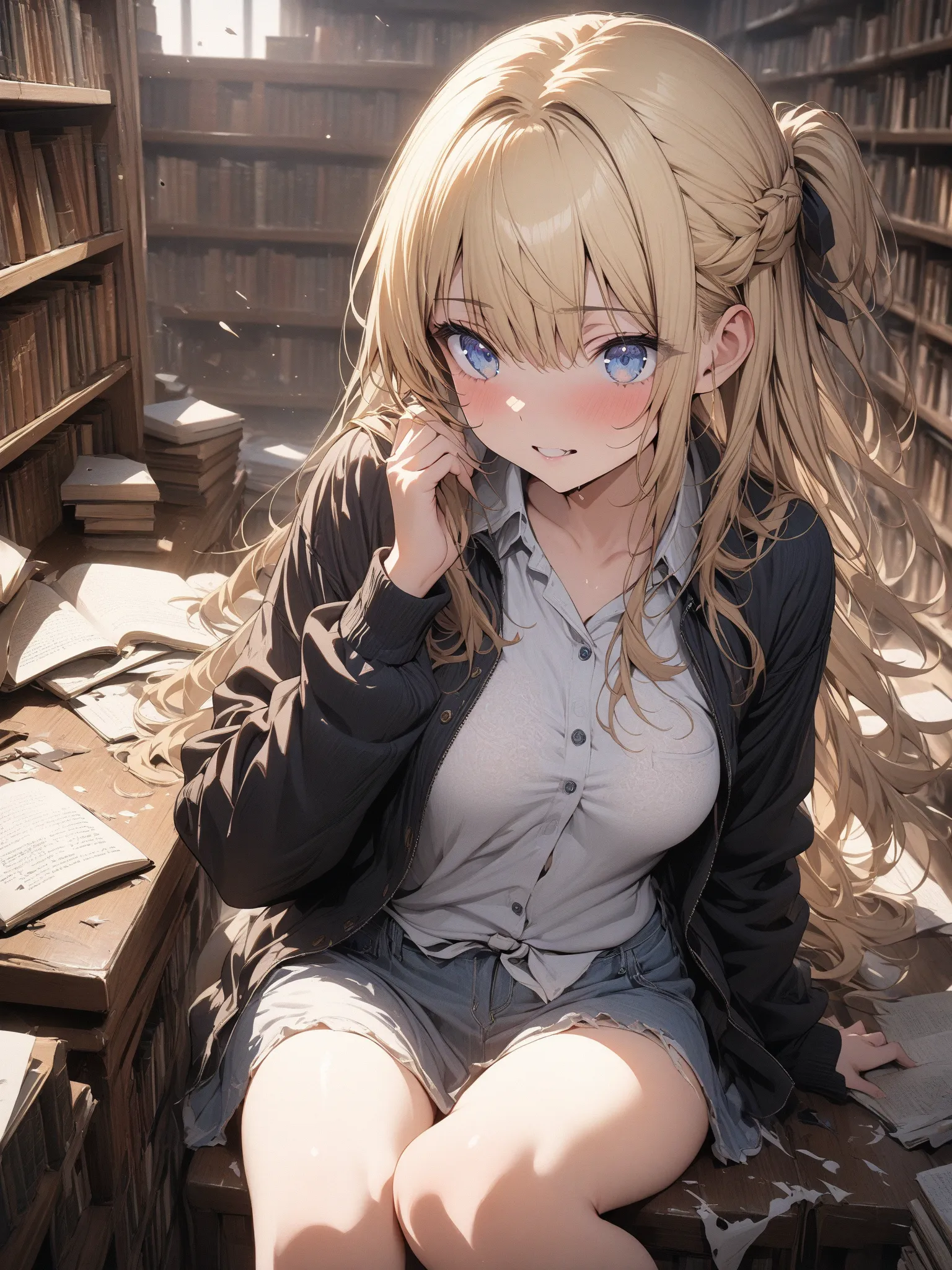 (masterpiece, detailed:1.2), One Girl, (18-years old), blonde half updo, Medium Breasts, sky blue eyes, BREAK, Highest quality, in Library, sitting