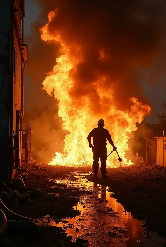 A sudden fire ignites due to a spilled flammable liquid near an open flame. The flames rapidly spread, creating thick black smoke. The worker panics, trying to extinguish the fire with water, but the fire grows larger instead of being put out.