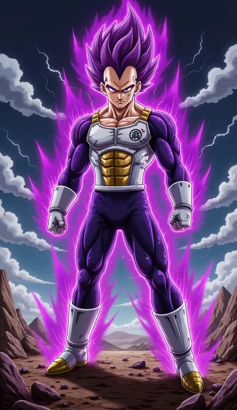"A powerful Saiyan warrior stands in a dominant and imposing stance on a devastated, rocky battlefield under a dark, stormy sky filled with swirling clouds and crackling lightning. His muscular physique is accentuated by battle-worn Saiyan armor, with a to...