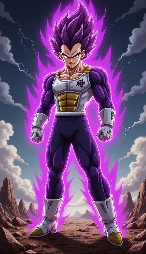 "A powerful Saiyan warrior stands in a dominant and imposing stance on a devastated, rocky battlefield under a dark, stormy sky filled with swirling clouds and crackling lightning. His muscular physique is accentuated by battle-worn Saiyan armor, with a to...