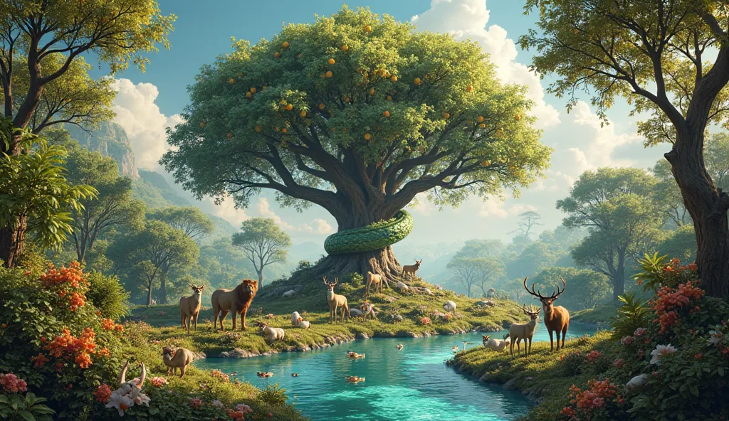 A hyper-realistic image of the Garden of Eden, depicted as a lush, living paradise. At its center is the Tree of Knowledge of Good and Evil, with its sturdy trunk and detailed textures, dense foliage and golden fruits that glow softly in the natural light....