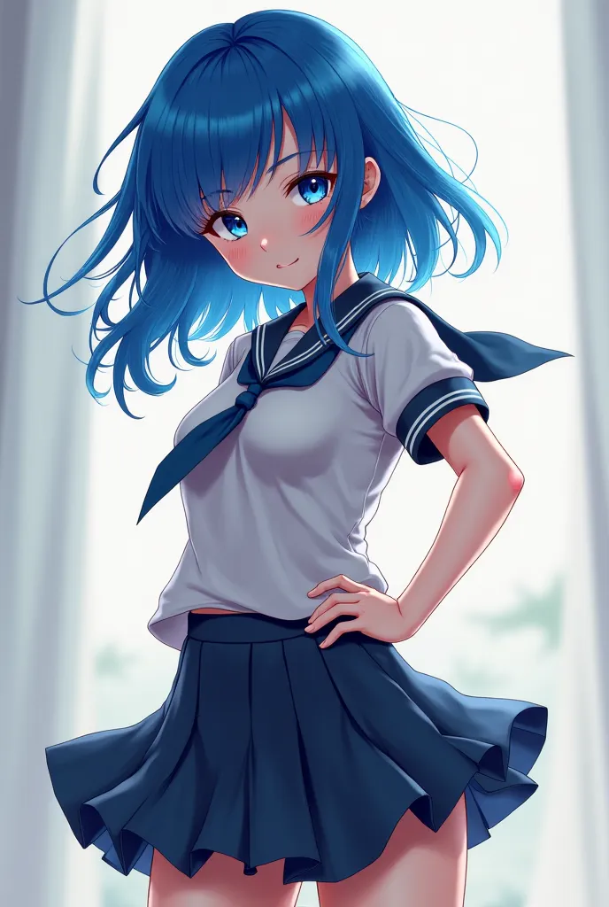 A blue-haired girl in Japanese school uniform, with big breasts and hardened nipples 