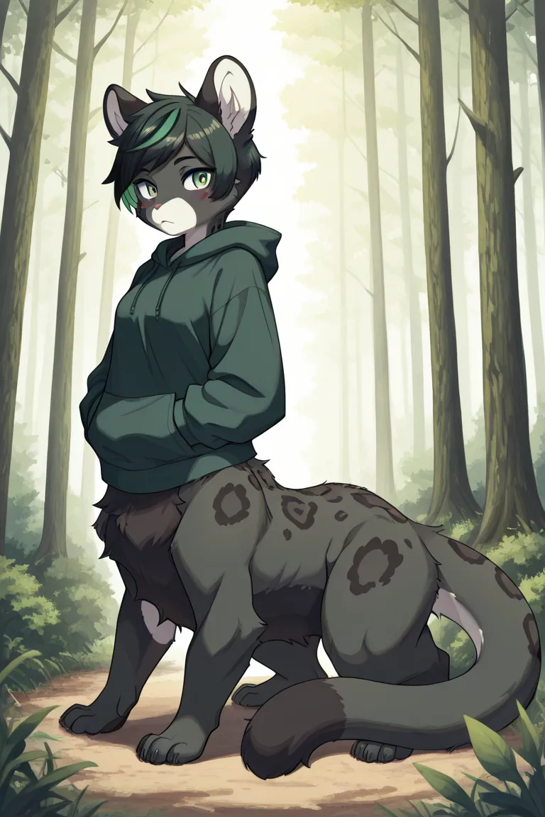 furry female leopard taur, short black pixie cut hair, dark green highlights, black fur, thick tail, wearing forest green hoodie