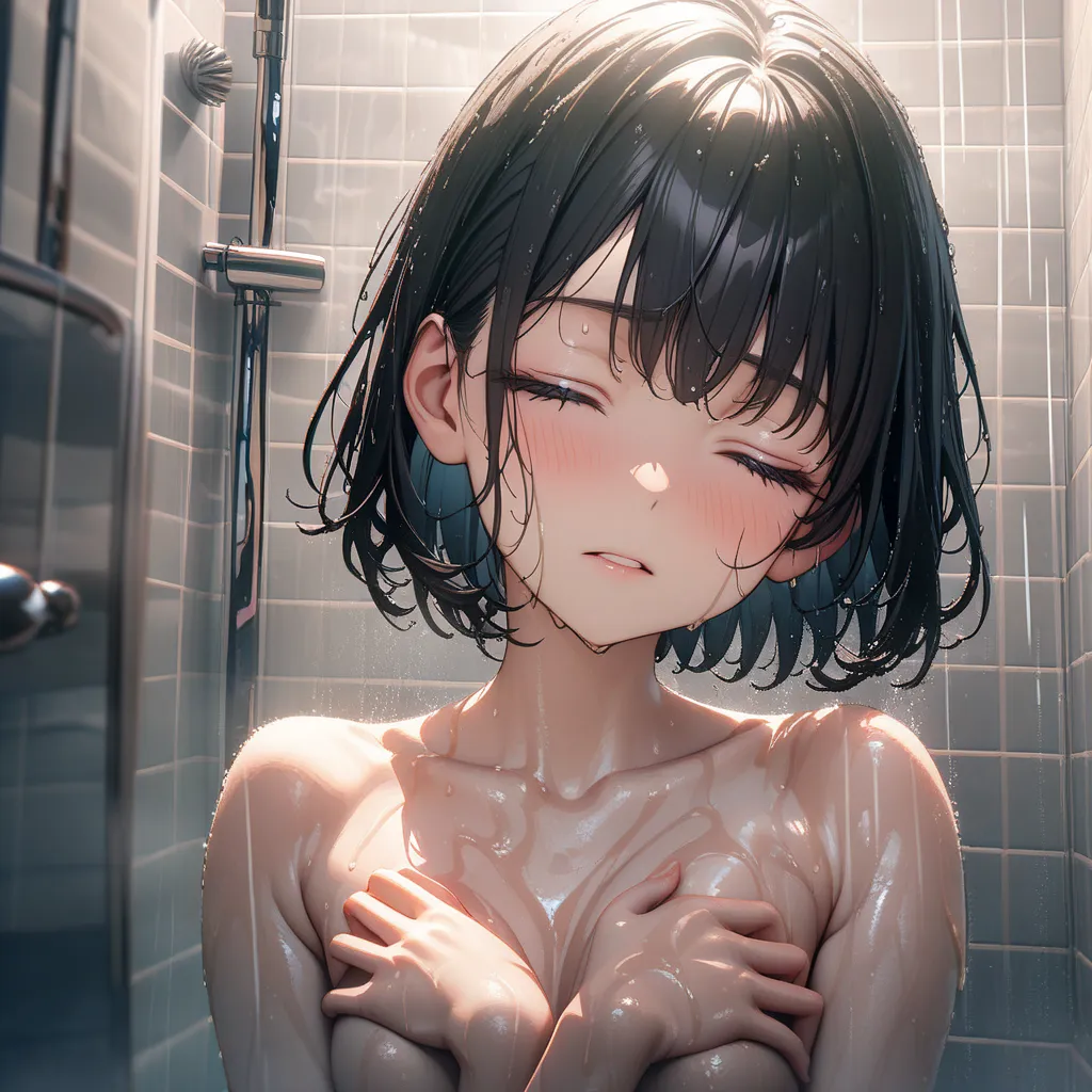 A masterpiece, hyper detailed, 8k, highest quality, light novel illustration ,1girl, 20yo, short hair,black hair, bob cut, (portrait),(small breasts),(in bathroom, shower, water spread:1.3), wet skin, eyes closed, hands on chest, unit shower room, (face fo...