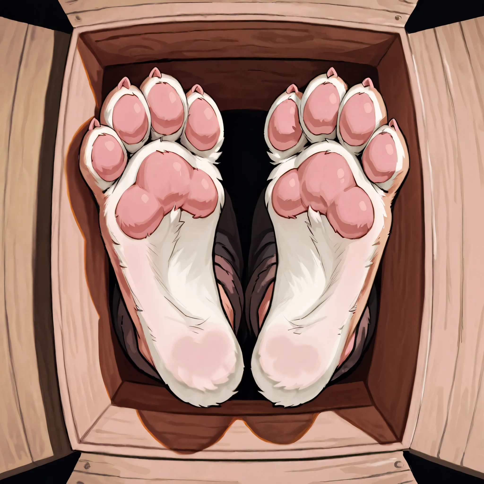 Pink paw pad, three toes, no depiction other than the foot, only a single furry foot sole growing directly from the ground, viewed from directly above, the frame showing just the foot sole with thick fur, highly detailed tough paw pads, nothing else visibl...