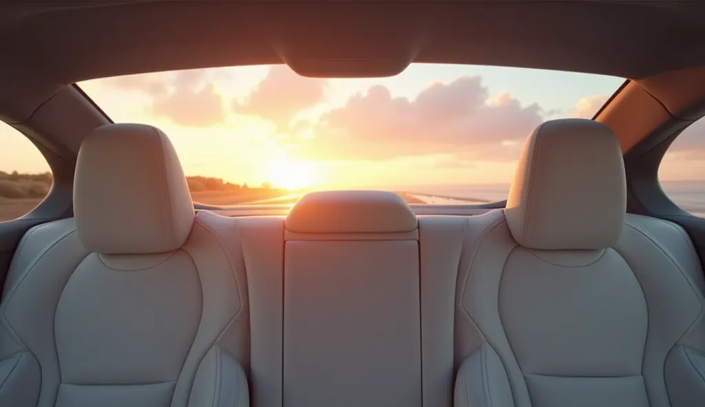 A high-end, cinematic render of the Tesla Model S 2025 interior, featuring passenger seats wrapped in premium white leather, with a coastal highway sunset visible through the panoramic glass roof. The soft, golden light enhances the luxurious feel.
