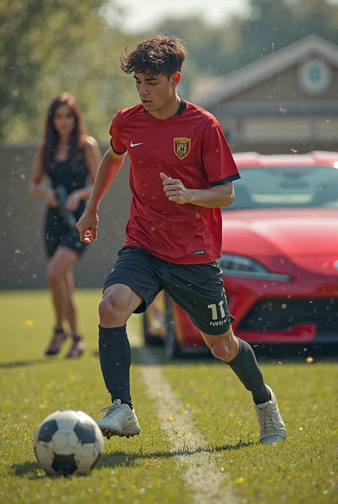 ren playing football also have a red car in the back, a woman holding a gun next to the red car